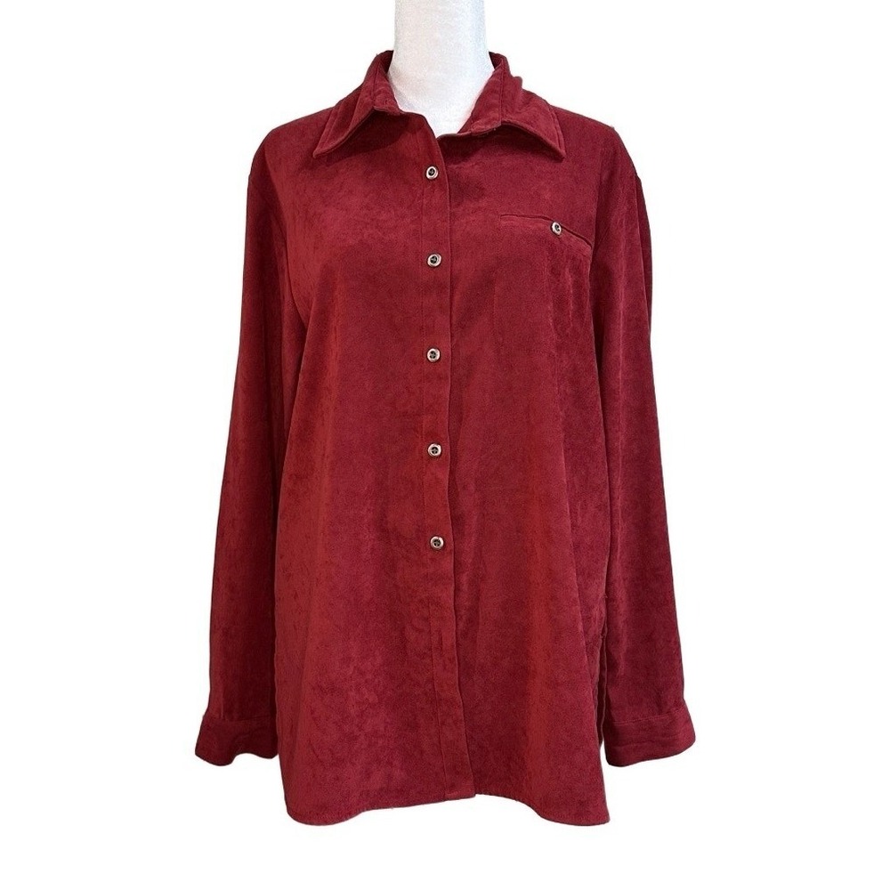 Chadwicks Womens 12 Red Faux Suede Button Down Shirt Long Sleeve Shacket 90s Vtg